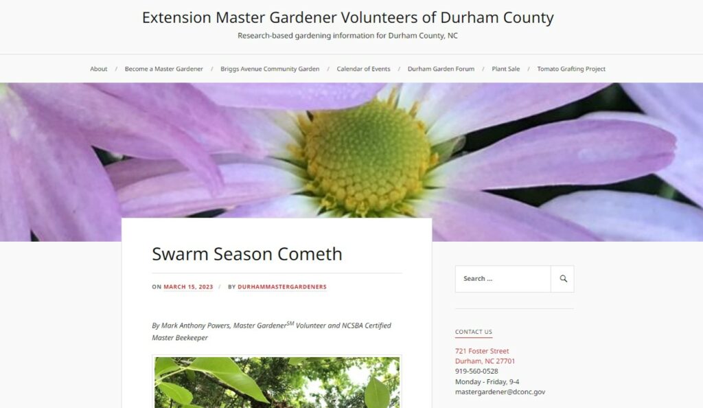 Screenshot from Extension Master Gardener Volunteers of Durham County blog homepage.