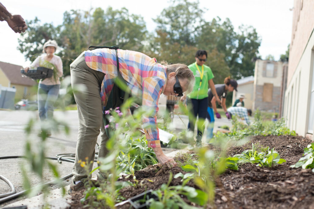 NC State Extension Master Gardener volunteers of Durham County, NC work with library staff to install a pollinator-friendly demonstration garden.